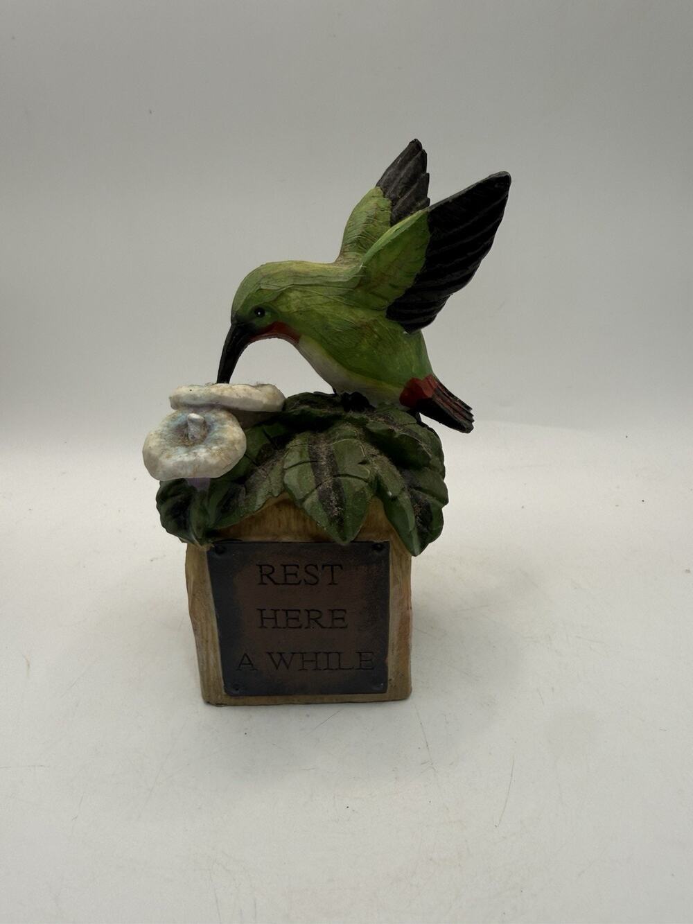 Hummingbird Flower Figurine Rest Here A While Resin Garden Decor 5.5” *